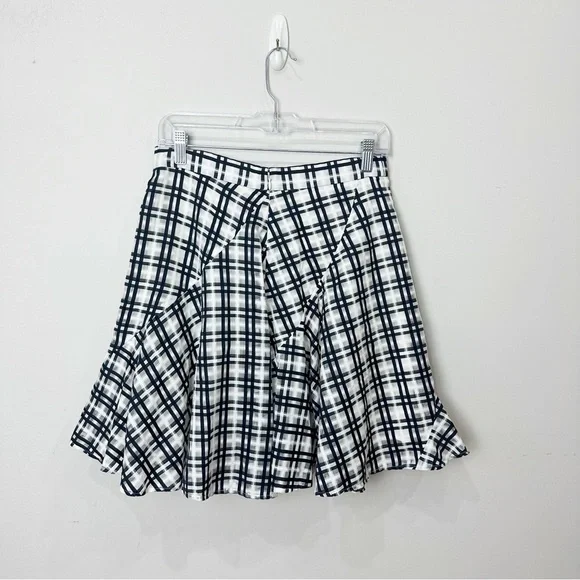 Ann Taylor Flirty Mini Skirt Black White Plaid Cotton Silk - Picture 3 of 7